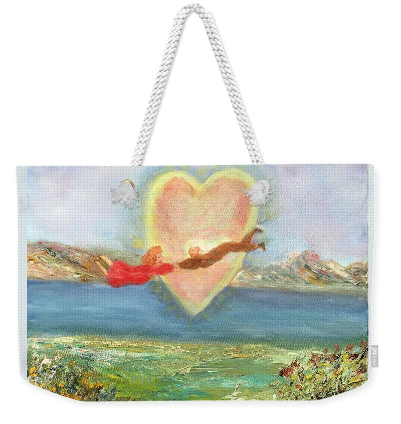 Couple Weekender Tote Bag featuring the painting Love Across The Waters by Lessandra Grimley