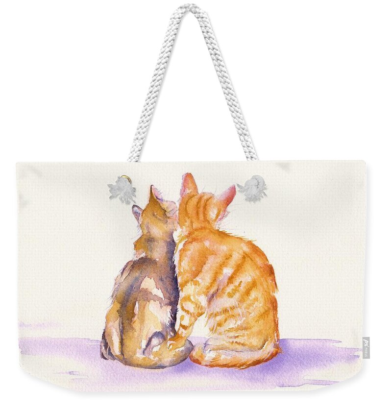 Kittens Weekender Tote Bag featuring the painting Love is... two kittens by Debra Hall