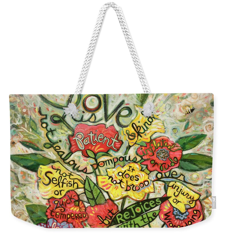 Jen Norton Weekender Tote Bag featuring the painting Love is Patient by Jen Norton