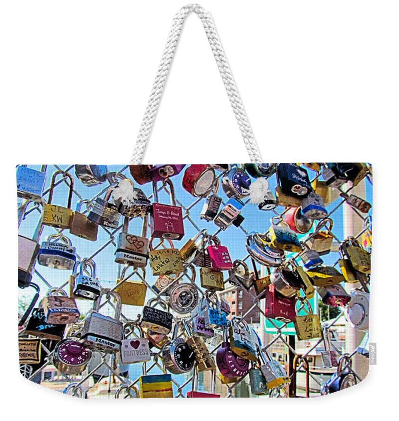 Love Lock Wall Portland Maine Weekender Tote Bag featuring the photograph Love Lock Wall Portland Maine by Elizabeth Dow