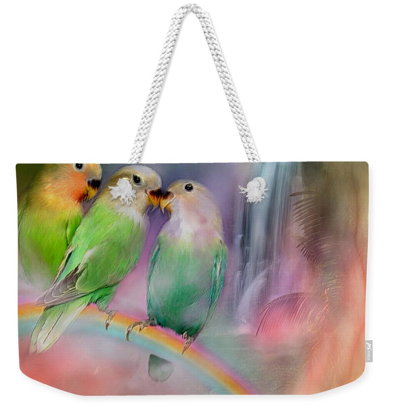 Lovebird Weekender Tote Bag featuring the mixed media Love On A Rainbow by Carol Cavalaris