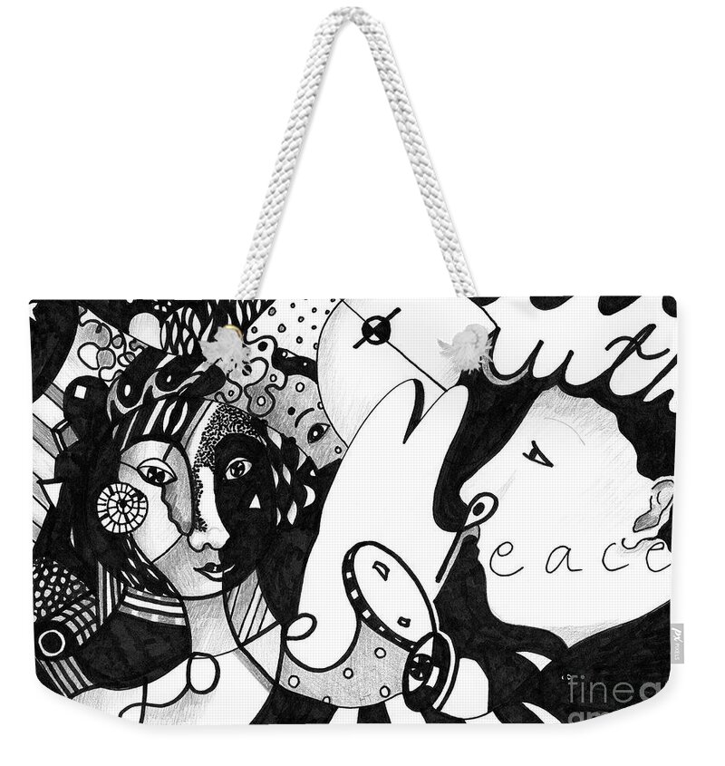 Values Weekender Tote Bag featuring the drawing Love Truth Peace by Helena Tiainen