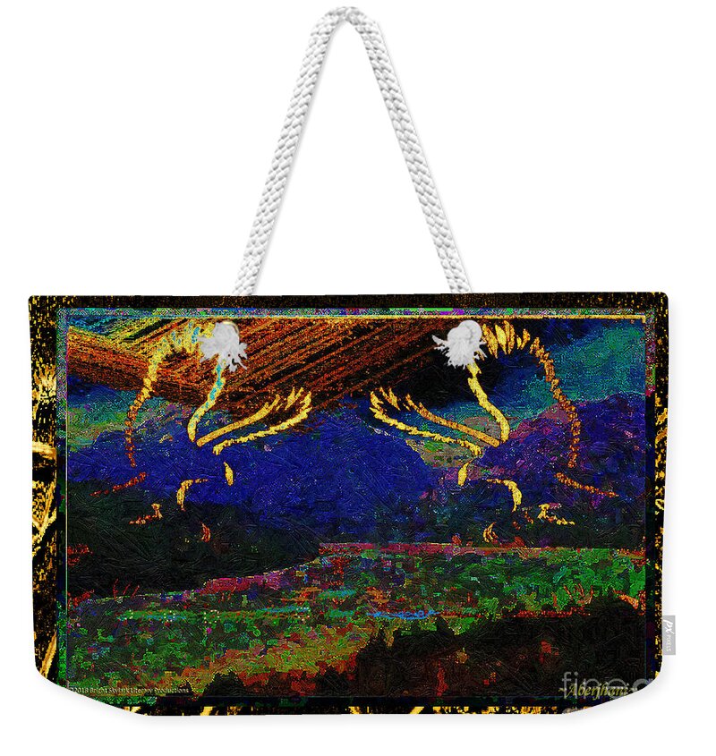 Gold Weekender Tote Bag featuring the mixed media Lovers Dancing in the Golden Light of Dawn by Aberjhani