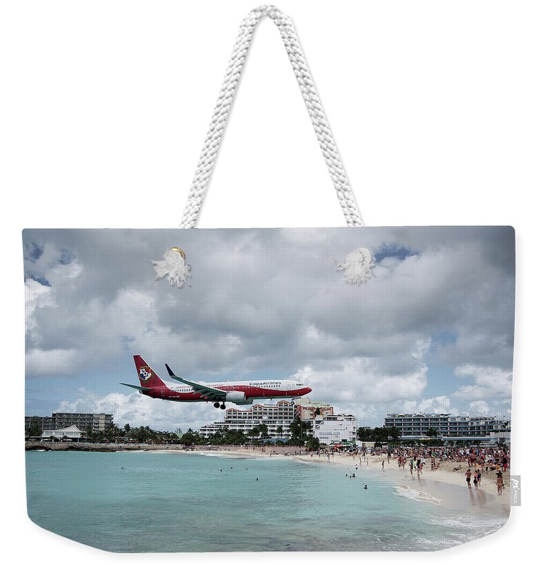 Princess Juliana International Airport Weekender Tote Bag featuring the photograph Low Landing At Sonesta Maho Beach by Nick Mares