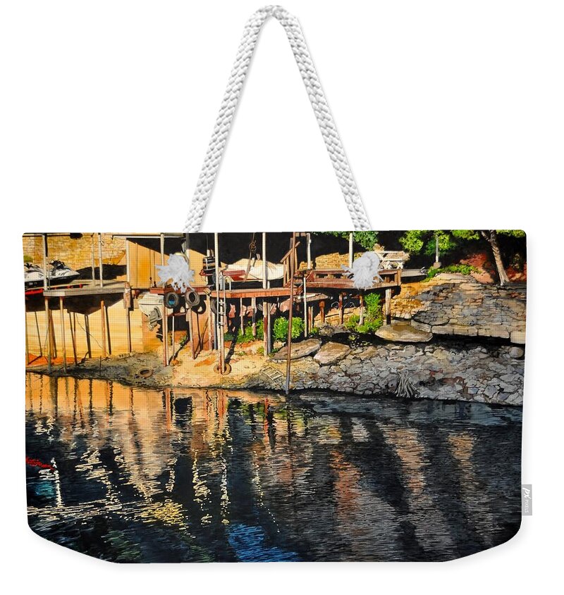 Landscape Weekender Tote Bag featuring the painting Low Water by Robert W Cook