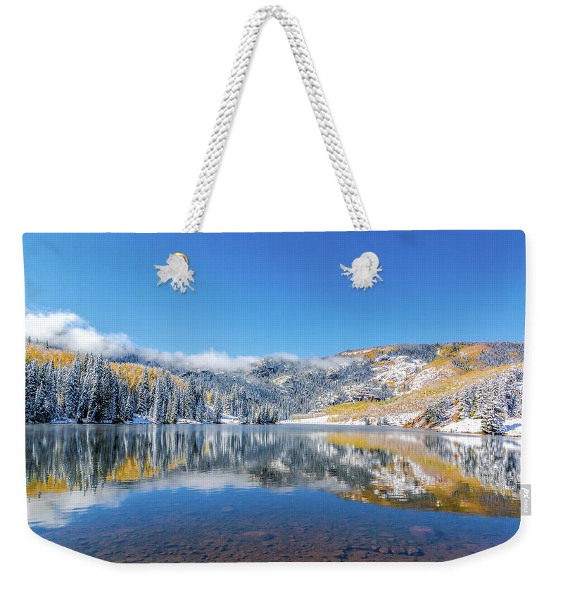 Lower Cataract Lake Weekender Tote Bag featuring the photograph Lower Cataract Lake Fall Snow Scene by Stephen Johnson