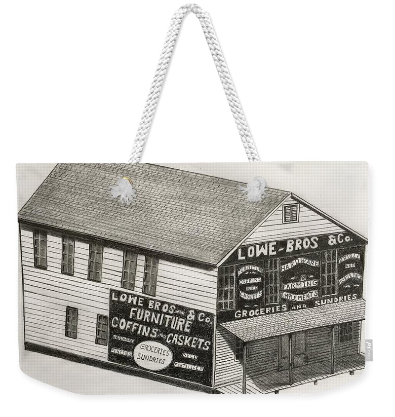 Pencil Weekender Tote Bag featuring the drawing Lowe Brothers Hardware by Tony Clark