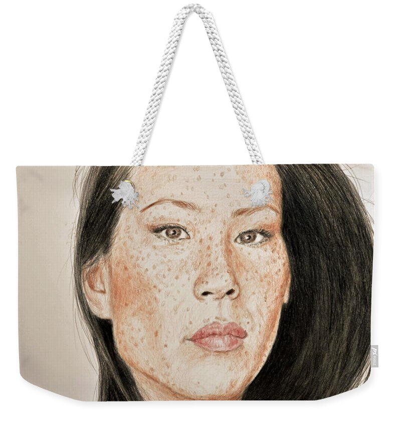 Lucy Liu Weekender Tote Bag featuring the drawing Lucy Liu Freckled Beauty by Jim Fitzpatrick