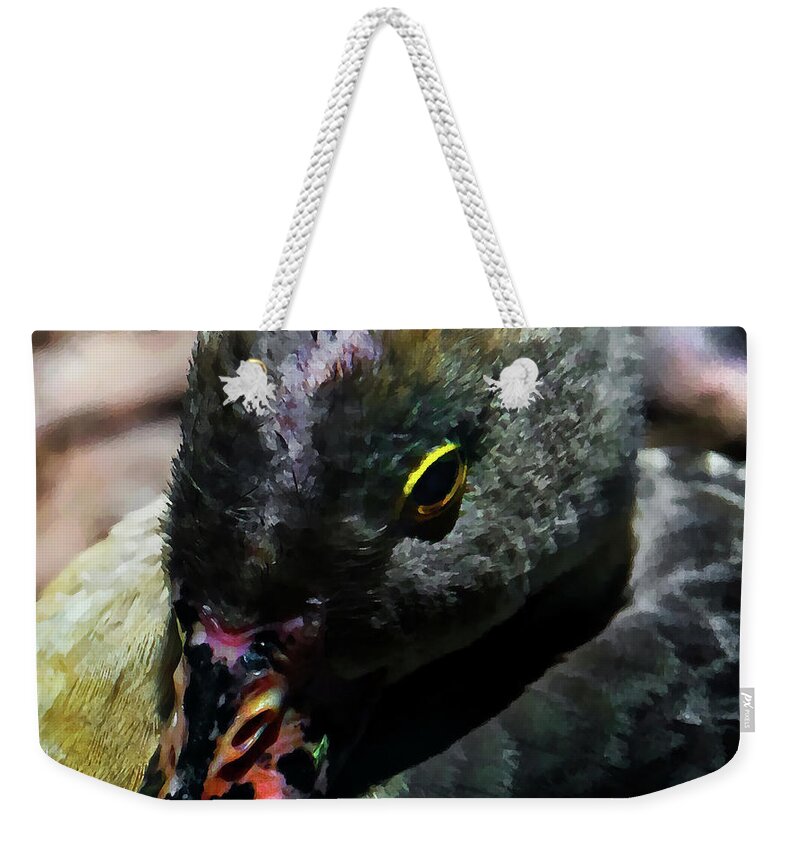 Plumed Whistling-duck Weekender Tote Bag featuring the photograph Lunch Stuck On Her Beak by Miroslava Jurcik