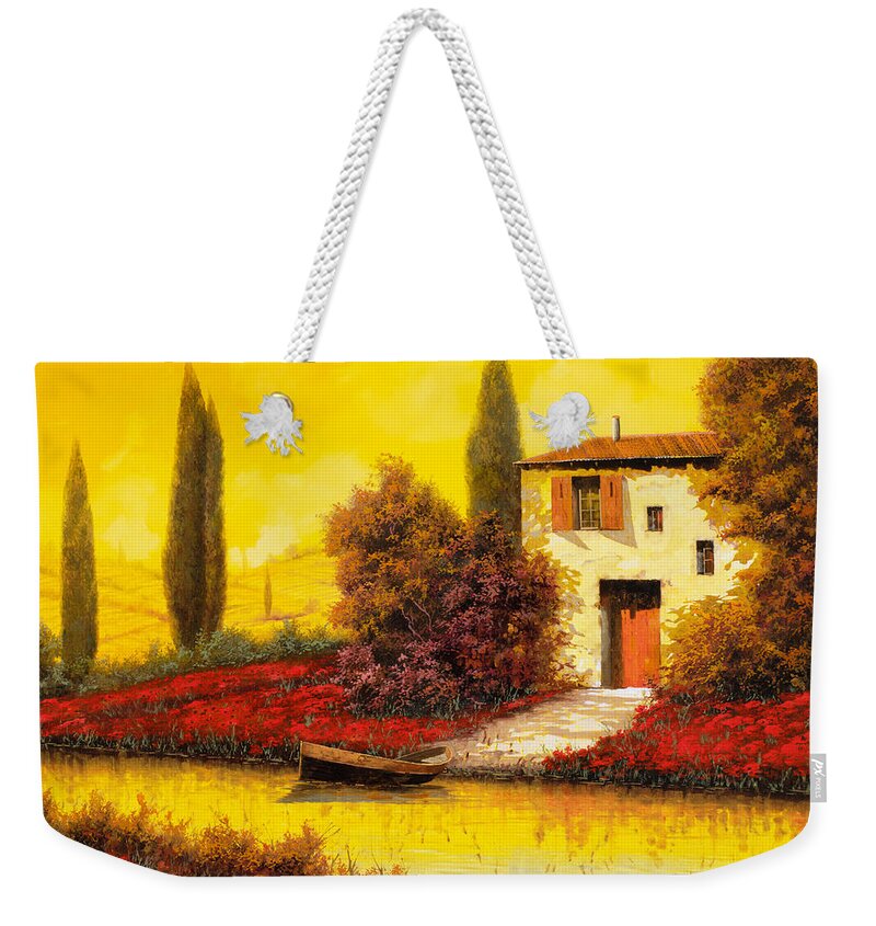 Landscape Weekender Tote Bag featuring the painting Tanti Papaveri Lungo Il Fiume by Guido Borelli