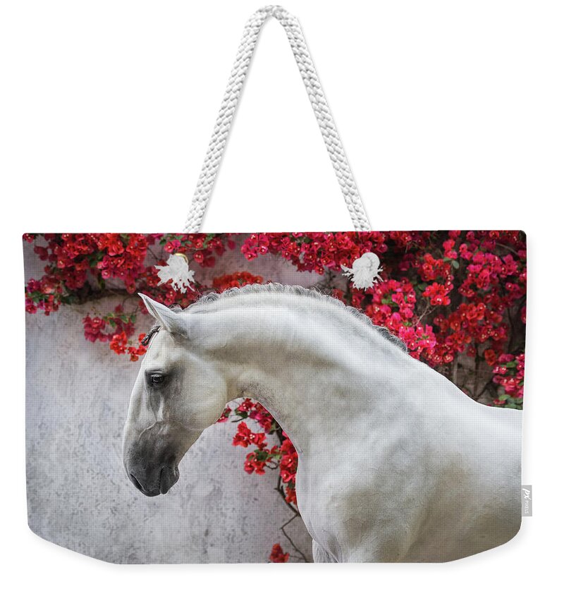 Russian Artists New Wave Weekender Tote Bag featuring the photograph Lusitano Portrait in Red Flowers by Ekaterina Druz