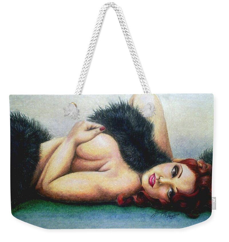 Woman Weekender Tote Bag featuring the drawing Lustful Beauty by Scarlett Royale