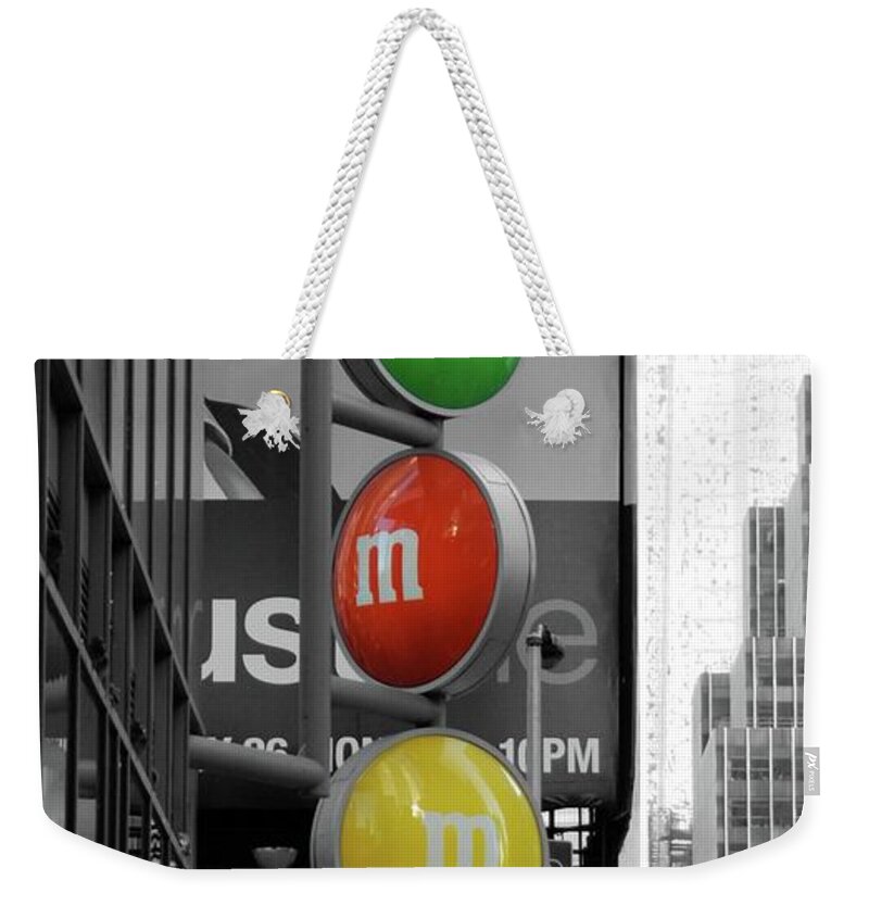 New York City Weekender Tote Bag featuring the photograph M and Ms In New York City by Angie Tirado
