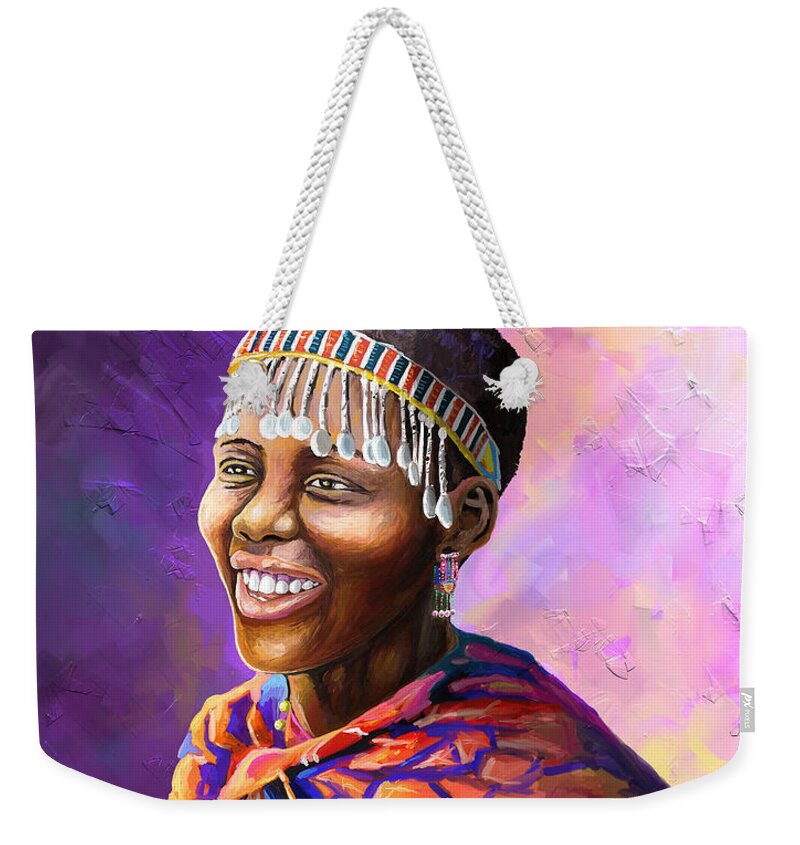 People Weekender Tote Bag featuring the painting Maasai Girl by Anthony Mwangi