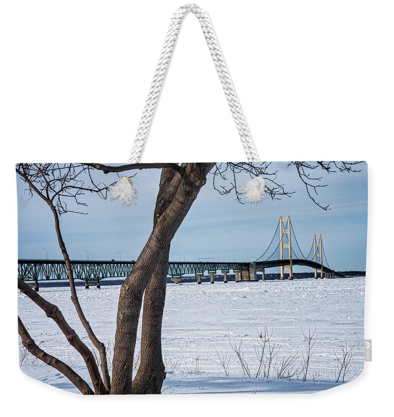 Art Weekender Tote Bag featuring the photograph Mackinaw Bridge by the Straits of Mackinac in Winter by Randall Nyhof