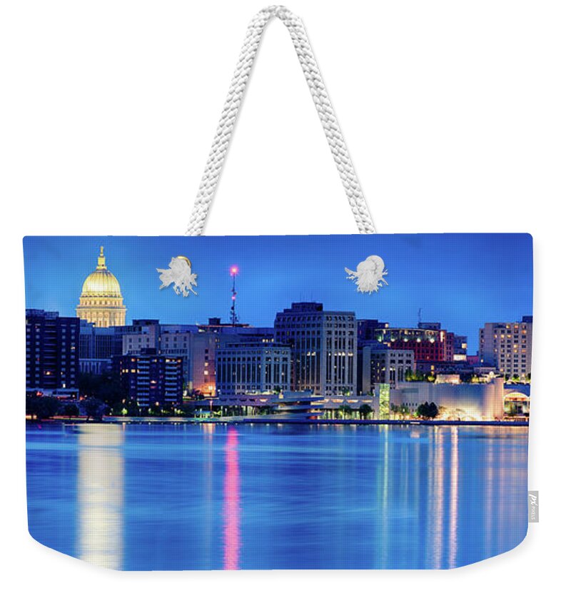 Capitol Weekender Tote Bag featuring the photograph Madison Skyline Reflection by Sebastian Musial