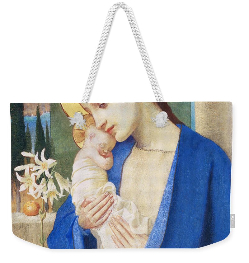 Virgin Mary; Infant Christ; Jesus; Halo Weekender Tote Bag featuring the painting Madonna and Child by Marianne Stokes