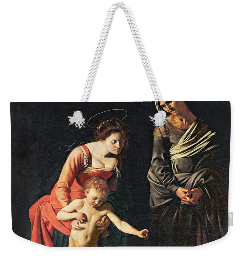 Madonna And Child With A Serpent Weekender Tote Bag featuring the painting Madonna and Child with a Serpent by Michelangelo Merisi da Caravaggio