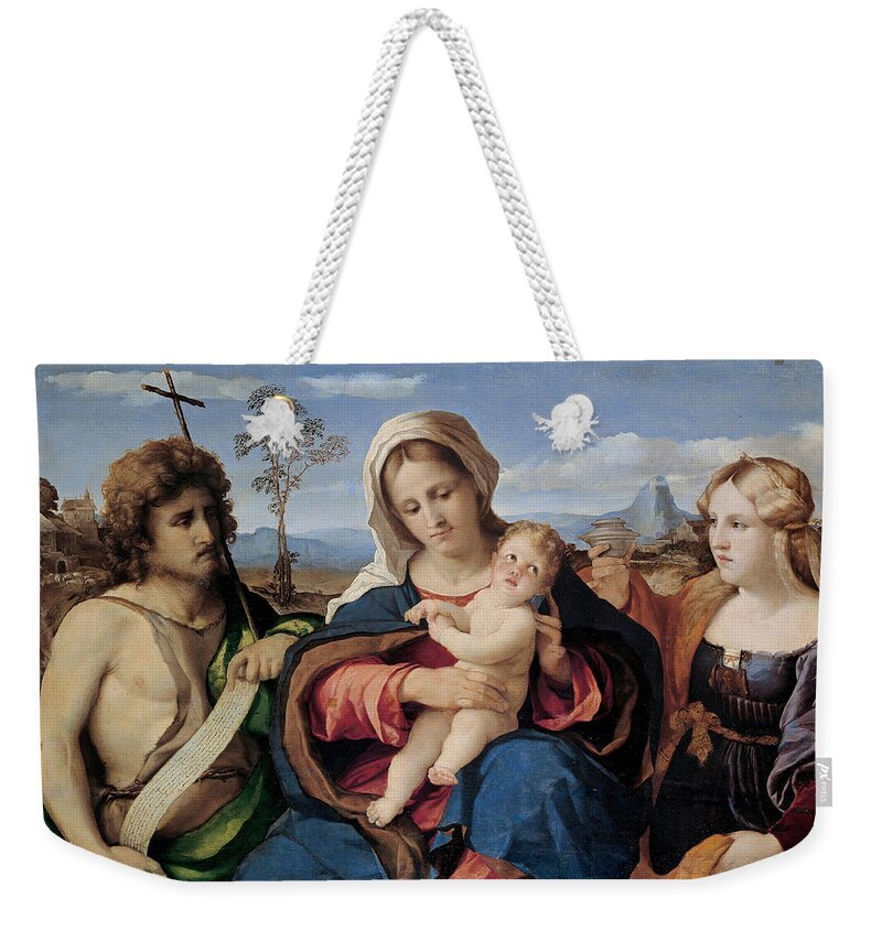Palma Vecchio Weekender Tote Bag featuring the painting Madonna and Child with Saint John the Baptist and Magdalene by Palma Vecchio