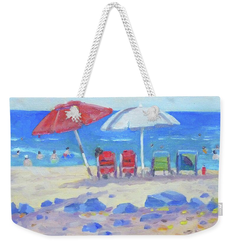 Plein Air Weekender Tote Bag featuring the painting Magic Sands Umbrellas by Stan Chraminski