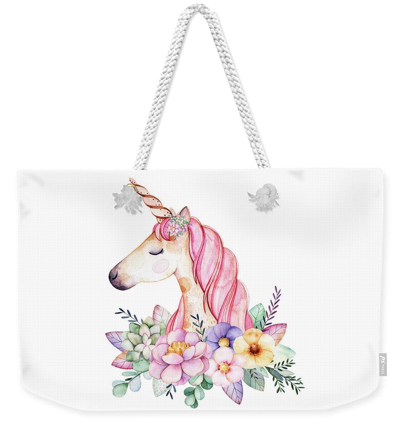 Fantasy Weekender Tote Bag featuring the digital art Magical Watercolor Unicorn by Lisa Spence