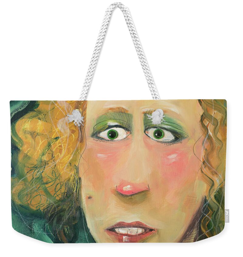Woman Weekender Tote Bag featuring the painting Magill with eyes by Tim Nyberg