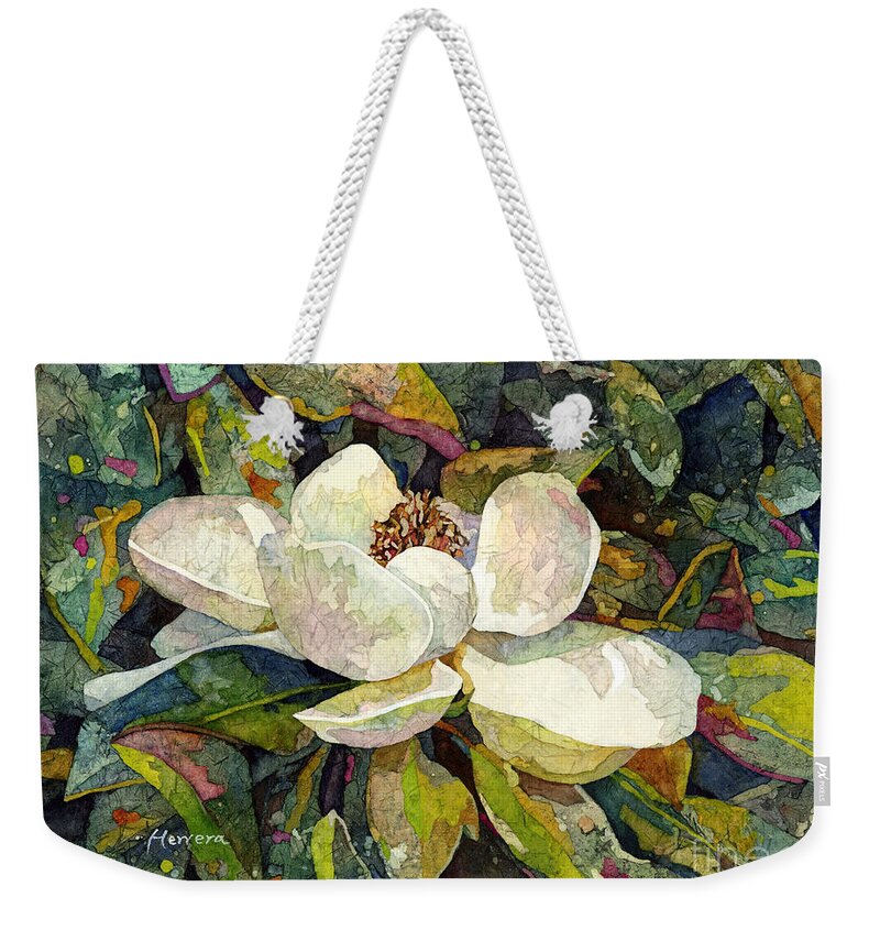 Magnolia Weekender Tote Bag featuring the painting Magnolia Blossom by Hailey E Herrera