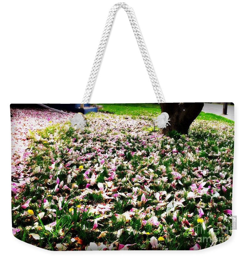 Photography Weekender Tote Bag featuring the photograph Magnolia Petals on the Lawn by Frank J Casella