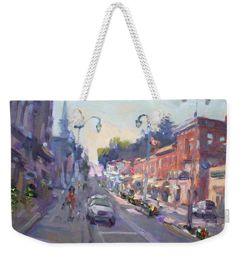 Main St Weekender Tote Bag featuring the painting Main St Georgetown Downtown by Ylli Haruni