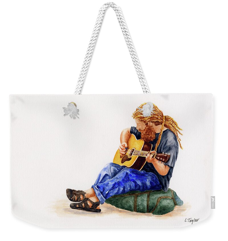 Musician Weekender Tote Bag featuring the painting Main Street Minstrel 2 by Lori Taylor