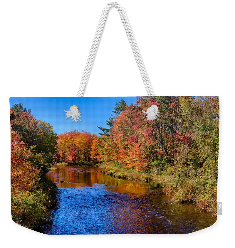Maine Fall Colors Weekender Tote Bag featuring the photograph Maine brook in Afternoon with fall color reflection by Jeff Folger