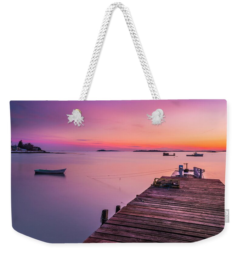 Maine Weekender Tote Bag featuring the photograph Maine Cooks Corner Lobster Shack at Sunset by Ranjay Mitra
