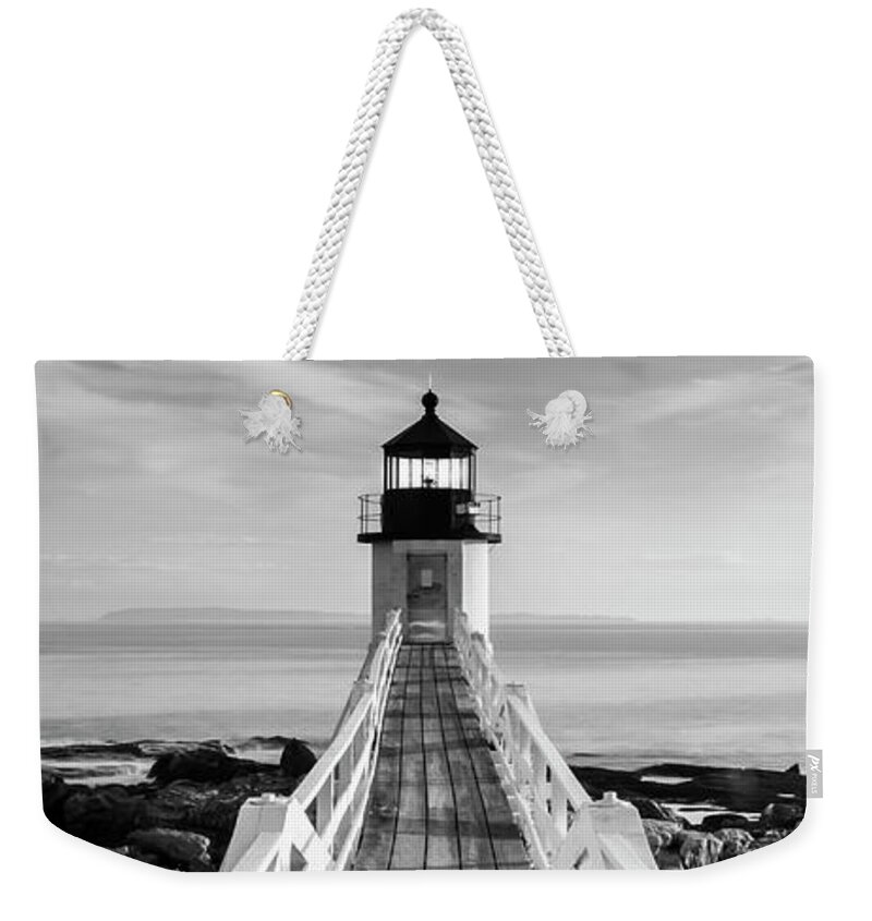 Maine Weekender Tote Bag featuring the photograph Maine Marshall Point Lighthouse Vertical Panorama in Black and White by Ranjay Mitra