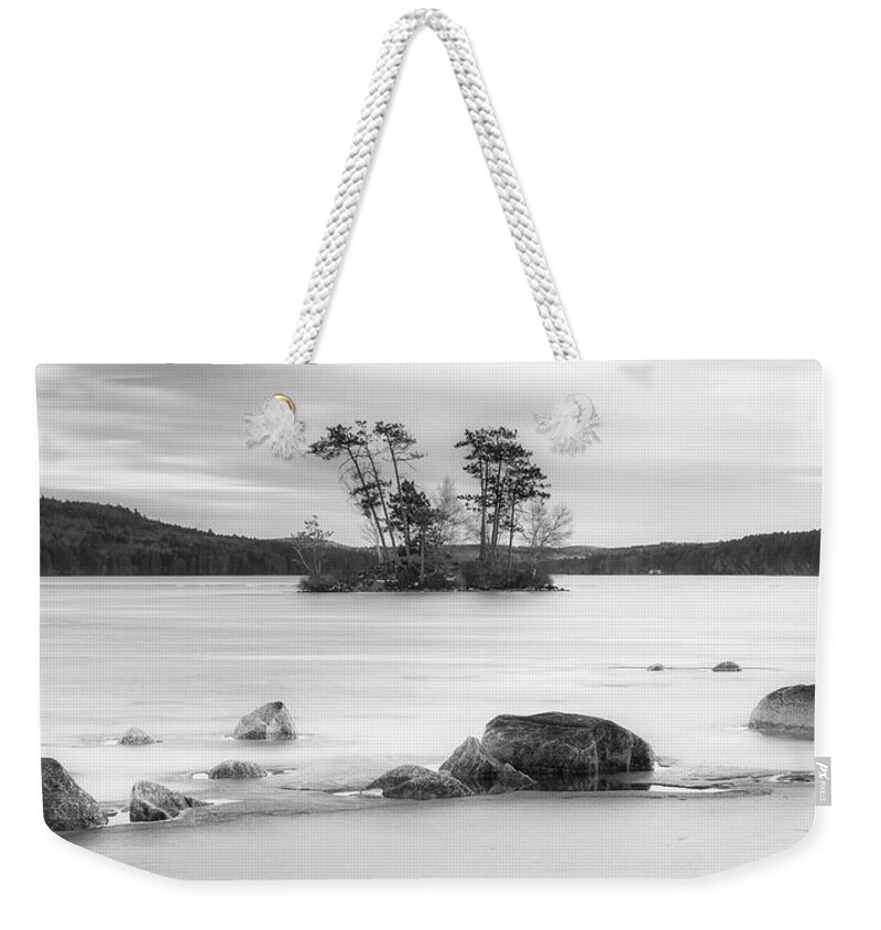 Maine Weekender Tote Bag featuring the photograph Maine Moose Pond in Winter filled with Snow and Ice Panorama by Ranjay Mitra