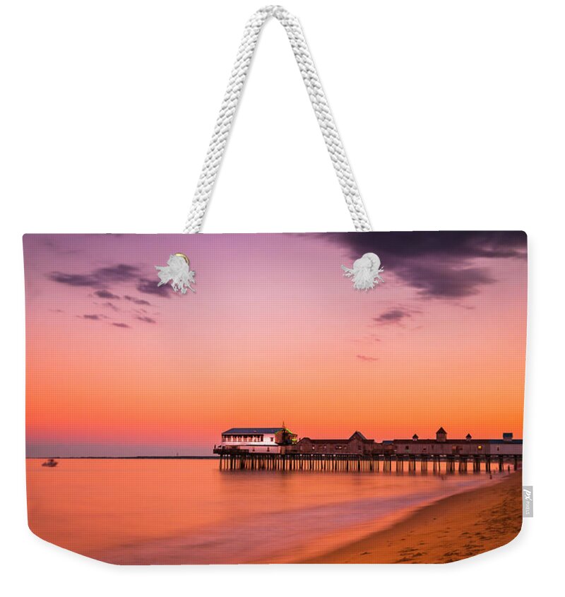 Maine Weekender Tote Bag featuring the photograph Maine Old Orchard Beach Pier at Sunset by Ranjay Mitra