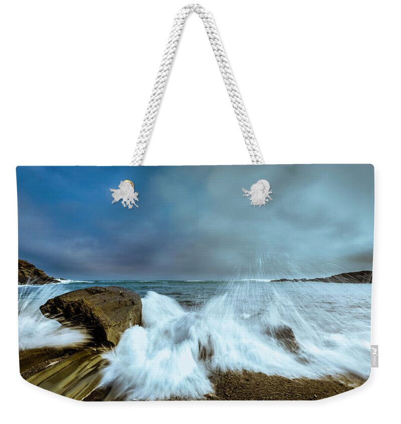 Maine Weekender Tote Bag featuring the photograph Maine Rocky Coast during Storm at Two Lights by Ranjay Mitra