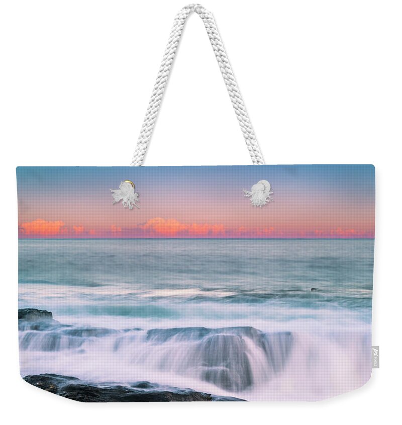 Maine Weekender Tote Bag featuring the photograph Maine Rocky Coastal Sunset Panorama by Ranjay Mitra