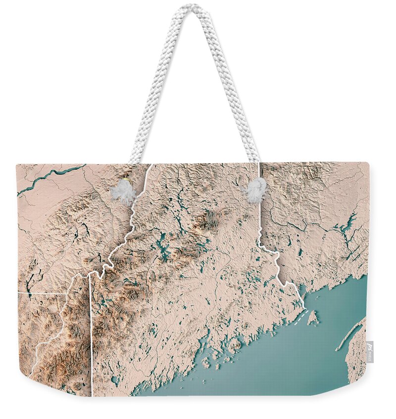 Maine Weekender Tote Bag featuring the digital art Maine State USA 3D Render Topographic Map Neutral Border by Frank Ramspott