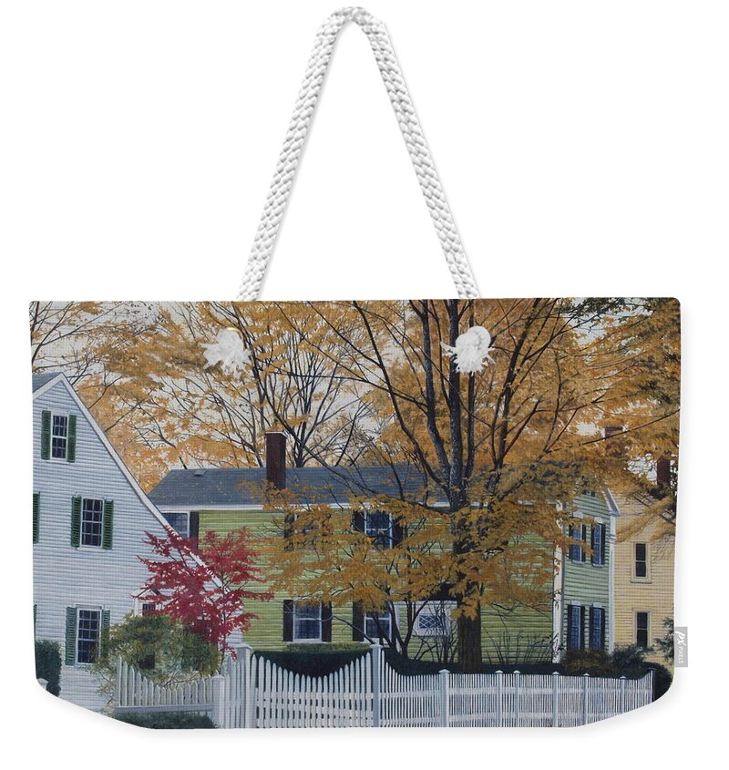 Kennebunkport Weekender Tote Bag featuring the painting Autumn day on Maine Street, Kennebunkport by Barbara Barber