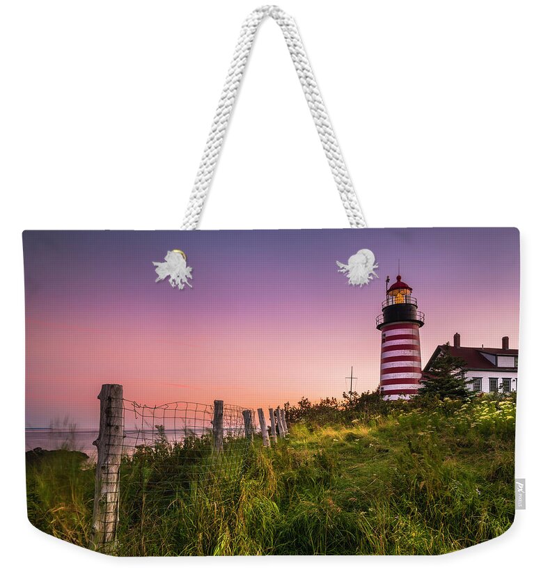 Maine Weekender Tote Bag featuring the photograph Maine West Quoddy Head Light at Sunset by Ranjay Mitra