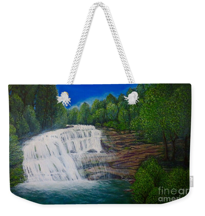Bald River Falls Full Cascading Waterfall Blue Skies Overhead And Lined With Deciduous And Evergreen Trees On Either Side Clear Blue Green Water With White Water Pooling At Bottom Sunlight On River Rock Balance Of Cool And Warm Tones Waterfall Nature Scenes Acrylic Waterfall Painting Weekender Tote Bag featuring the painting Majestic Bald River Falls of Appalachia II by Kimberlee Baxter