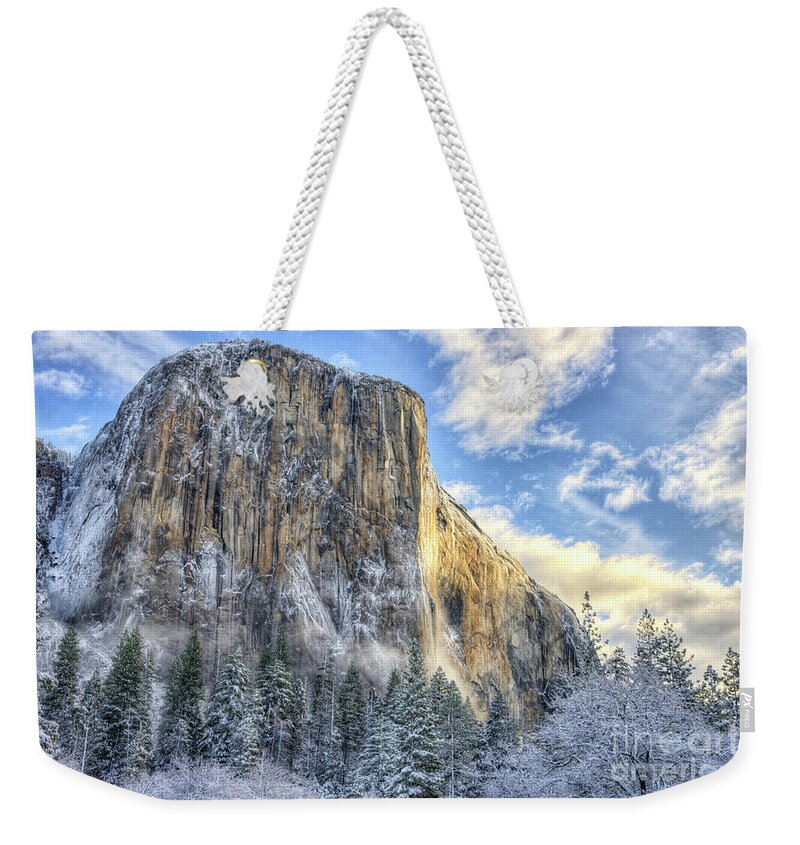 El Capitan Weekender Tote Bag featuring the photograph Majestic El Capitan Winter Sunrise Yosemite National Park by Wayne Moran