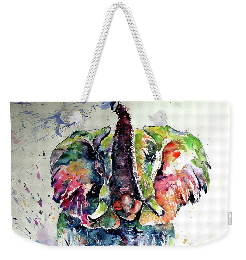 Elephant Weekender Tote Bag featuring the painting Majestic elephant playing by Kovacs Anna Brigitta