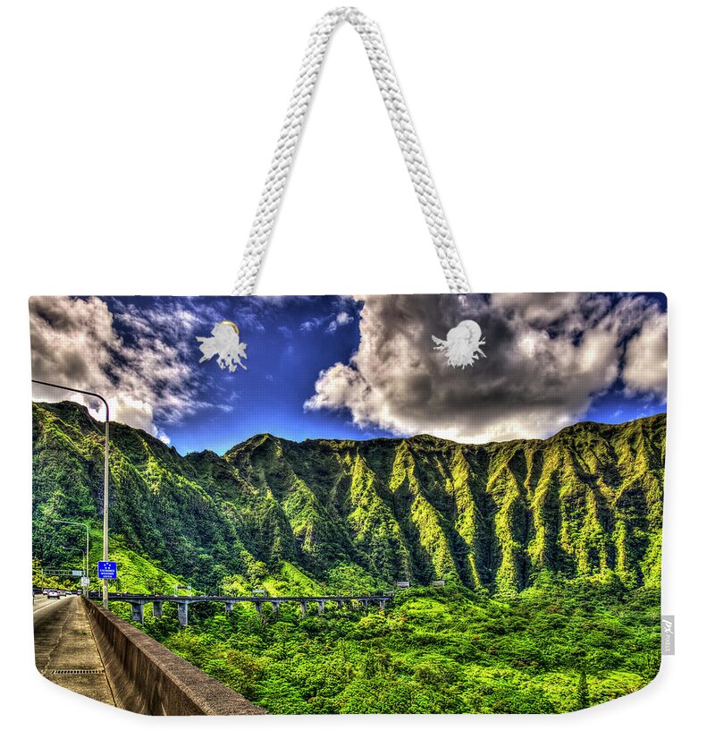 Reid Callaway Majestic Heights Images Weekender Tote Bag featuring the photograph Majestic Heights Tetsuo Harano Tunnels Ko'oalu Mountain Range Landscape Art by Reid Callaway