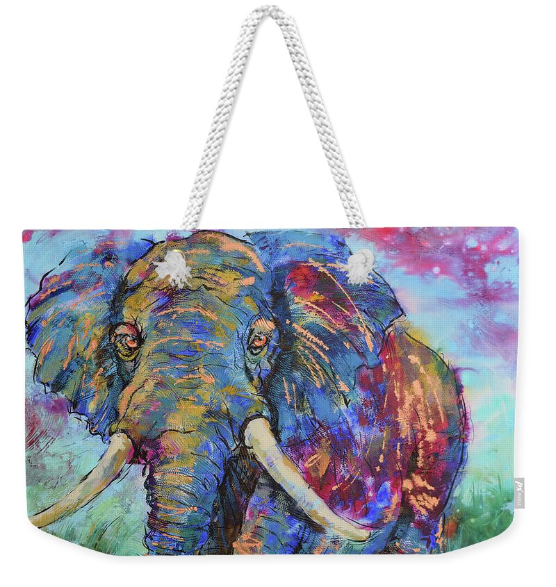 Elephant Weekender Tote Bag featuring the painting Majestic Elephant by Jyotika Shroff