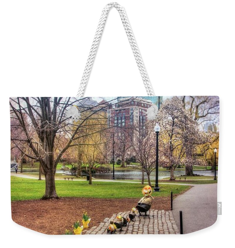 Make Way For Ducklings Weekender Tote Bag featuring the photograph Make Way for Ducklings in Spring - Boston Public Garden by Joann Vitali