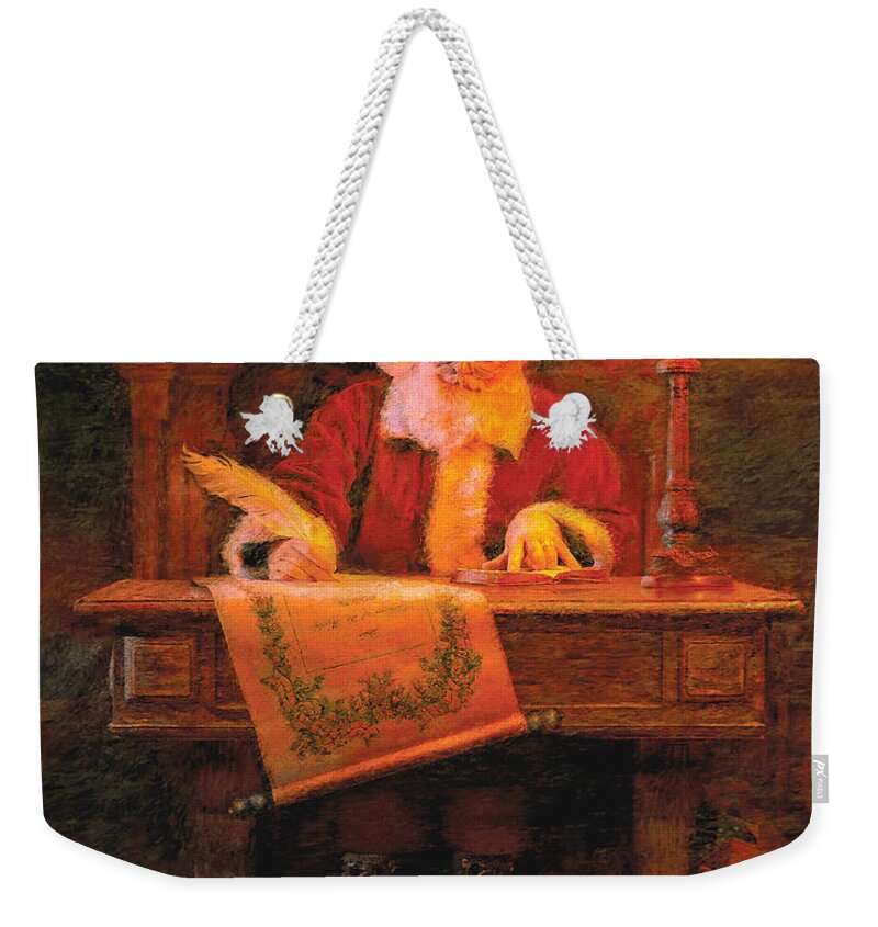 Christmas Weekender Tote Bag featuring the painting Making a List by Greg Olsen