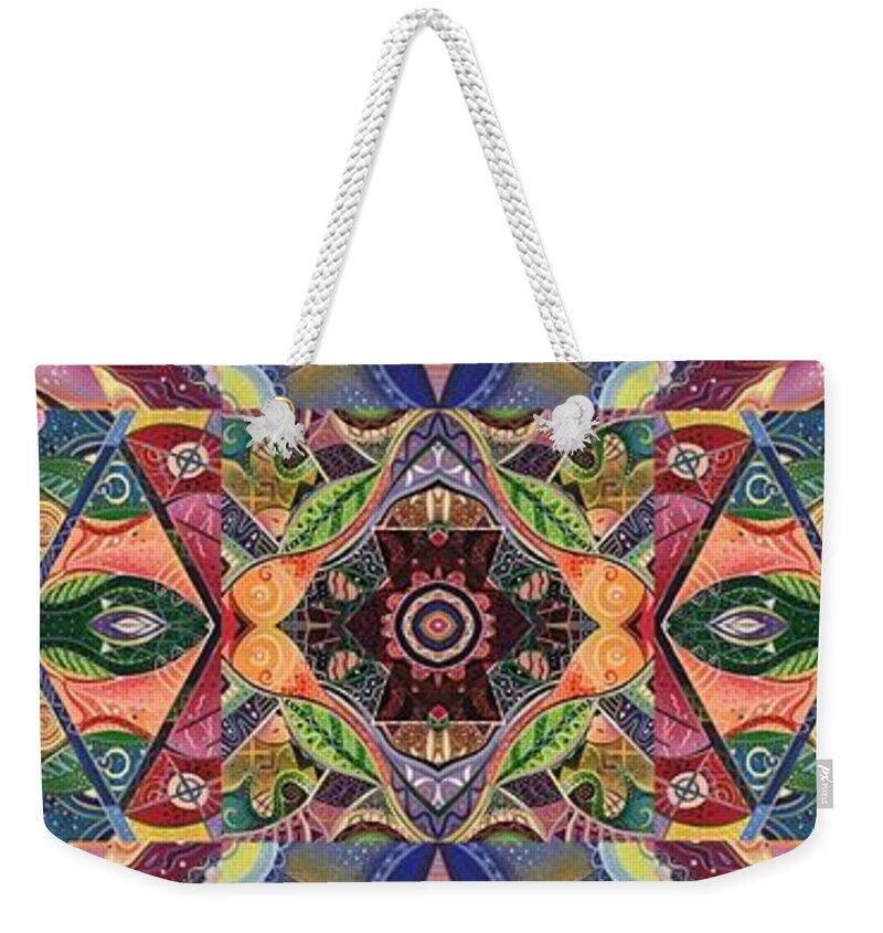 Abstract Weekender Tote Bag featuring the mixed media Making Magic - A T J O D Arrangement by Helena Tiainen