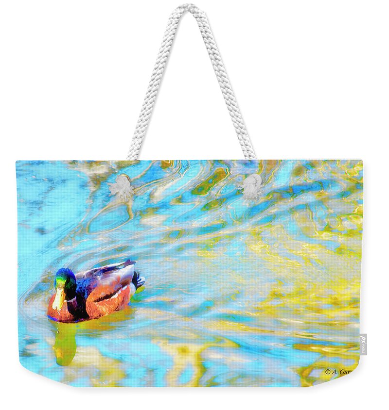 Mallard Duck Weekender Tote Bag featuring the digital art Mallard Duck , Autumn Stream Reflections by A Macarthur Gurmankin