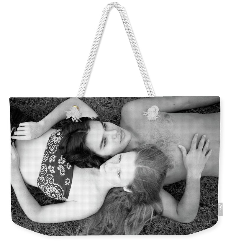 Heads Weekender Tote Bag featuring the photograph Man and Woman, Head-to-Head, 1973 by Jeremy Butler